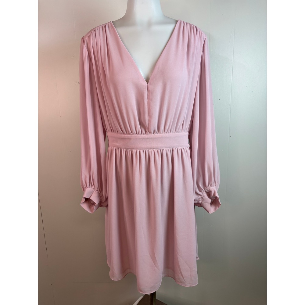 H&M Fit and Flare Dress‎ Large Pink Long Sleeve V-Neck Tie Back Women